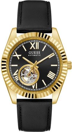 Guess Open Heart Automatic Leather Strap Watch, 42mm in Black/gold at Nordstrom