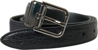 Dolce & Gabbana Black Leather Silver Metal Buckle Mens Belt