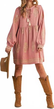 Merci Embroidered Long Puff Sleeve Mini Dress In Rose Pink