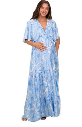 Pinkblush Floral Short Sleep Deep V-Neck Tiered Maxi Dress in Light Blue at Nordstrom, Size Medium