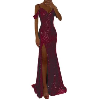 Generic Womens Prom Dress Party Dresses for Women UK Sequin Maxi Dress Off Shoulder Short Sleeve Floor Length EveningSequins Side Slit Wedding Guest Evening P
