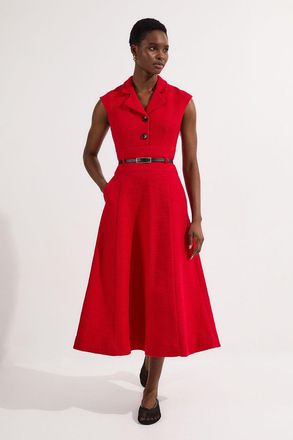 Karen Millen Womens Textured Tweed Belted Full Skirted Midi Dress - Red Cotton - Size 10 UK