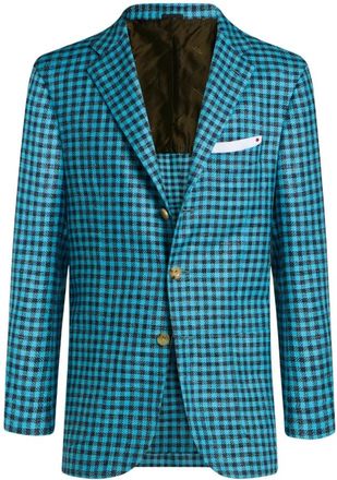 Kiton Fijn Gem&ecirc;leerd Geruit Single-Breasted Jasje - Heren - Blazers - Blauw - M - Leer - Jassen