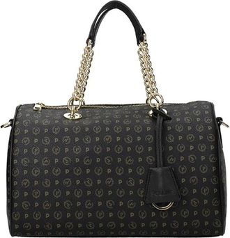 Pollini Logo Print PVC Schoudertas met leren afwerking en gouden ketting - Dames - Handtassen - Zwart - ONE Size - Tassen