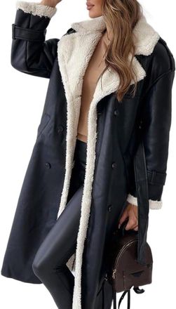 Generic Womens Fall and Winter Medium-length Padded Lined Warm Coat Fashion Loose Casual Classic Lapel Double-breasted Jacket with Belt (Black,XL)