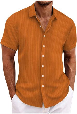 Generic Mens Short Sleeve Shirt Stretch Stain Shield Plain Shirts Regular Fit Business Blouse Casual Smart Button Down T-Shirt,Orange,XL