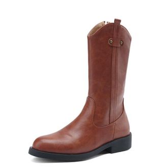 Generic Womens Mid-Calf Cowboy Boots Smooth PU Leather Round Toe Block Heels Side Zipper Metal Stud Detail Solid Color Durable Stylish Design,Brown,3.5 UK