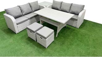 Fimous Fimous Outdoor Garden Furniture Sets 8 Seater Wicker Rattan Furniture Sofa Sets with Rectangular Dining Table high Back Lounge Sofa 2 Big Footstool 2