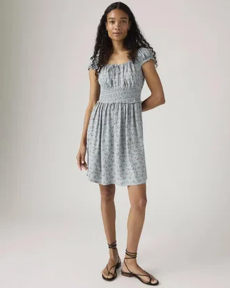 Levi's Yara Crepe Mini Dress Womens Blue Floral Ruched Ruffle Sleeve PAL135