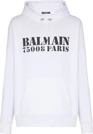 Balmain White Logo Print Hooded Jumper