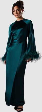 Coast Feather Trim Satin Maxi Dress in Green at Nordstrom, Size 8