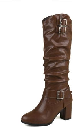 Generic Womens Slouch Knee High Boots with Buckle Straps, Chunky Block Heel & Round Toe, for Work and Casual Wear,Plus Size,Brown,1.5 UK