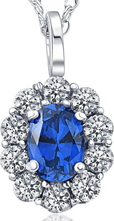 Pompeii3 2 ct Oval Created Blue Sapphire & Genuine Diamond Halo Pendant 14K White Gold