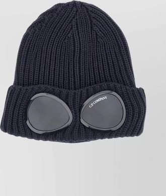 C.P. Company cable knit beanie with folded brim and goggle