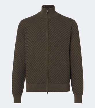 Brioni Jacquard cotton, silk, and cashmere zip-up sweater
