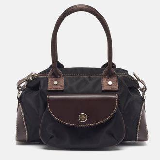 Lancel Front Pocket Black/dark Brown Nylon And Leather Satchel