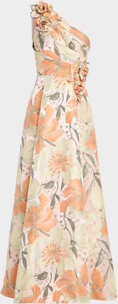 Aidan Mattox Pleated One-Shoulder Floral Jacquard Gown