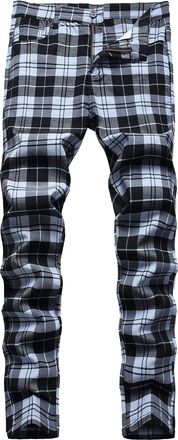 Feoya Plaid Pants for Men Stretch Skinny Flat-Front Casual Slim Fit Business Dress Chinos Pants Checked Trousers B3 32