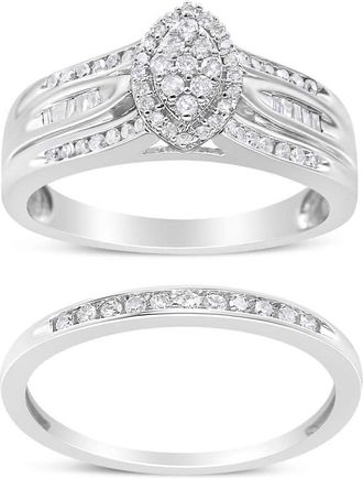 House of Brilliance 925 Sterling Silver 1/2 Cttw Round and Baguette-Cut Diamond Engagement Bridal Set