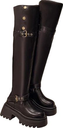 Generic Womens Block Heel Platform Knee High Boots Simple Round Toe Long Shoes