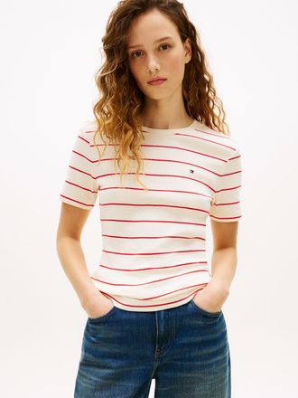 Tommy Hilfiger T-Shirt TOMMY HILFIGER SLIM CODY C-NK, Damen, Gr. L (42/44), fine stp calico, fireworks, Jersey, Obermaterial: 100% Baumwolle, gestreift, slim fit nor