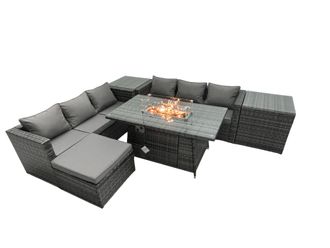 Fimous Rattan Garden Furniture Firepit Dining Set 6 Seater Lounge Sofa Table Set with 2 Side Tables Footstool in Dark Grey
