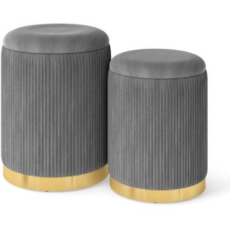 Costway 2 Pcs Velvet Round Footstools Nesting Storage Ottoman-Grey