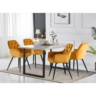 Ainpecca Ainpecca - 1.5M White Dining Table and Velvet Chairs 4 Set Padded Chairs Home Kitchen(1 TABLE+4 yellow chairs)