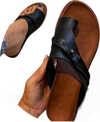 Generic Flip Flops Women Sandals for Bunions Ring-Toe Leather Correction Flip Flops Retro Flat Heel Clip Toe Beach Walking Shoes Open Toe Breathable Casual Tr