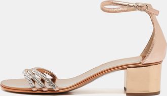 Giuseppe Zanotti Metallic Gold Leather Crystal Embellished Ankle Strap Flat Sandals
