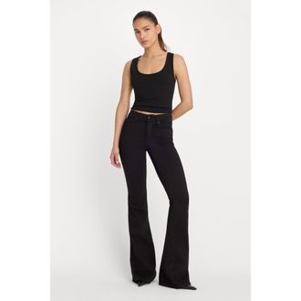 Good American Womens Never Fade Good Legs Flare Jeans | Extra Stretch, Flat Tummy Tech, Gap-Proof Waistband | Black, Size 30 Plus | Good Amer