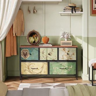 OEM Comoda De Almacenamiento Retro 5 Cajones Con Motivos &Uacute;nicos - 100x30x55.2 Cm - Estructura De Metal Y Tela - Estilo Industrial Art&iacute;stico