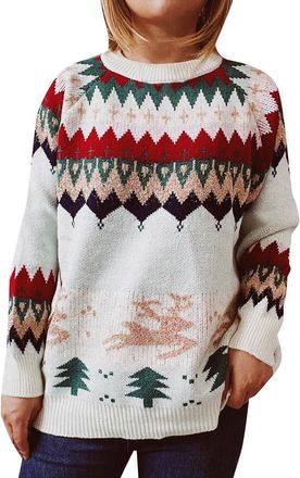 Generic Womens Christmas Knit Sweater Fashion Christmas Jumper Women Crew Neck Thick Wool Raglan Sleeve Sweater Xmas Tree Gold Thread Knitwear