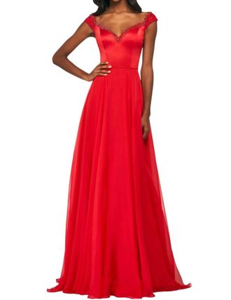 Sherri Hill Lace Cap-Sleeves Chiffon Prom Dress In Red