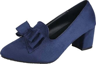 Generic Low Block Heel Shoes Women Wide Fit Black Suede Closed Toes Womens Chunky Heel Loafers Mid Heels Court Shoes with Butterfly Tie Elegant Party Heels Fa