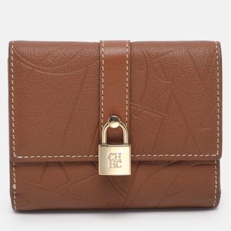 Carolina Herrera Brown Monogram Leather Matryoshka Lock Compact Wallet