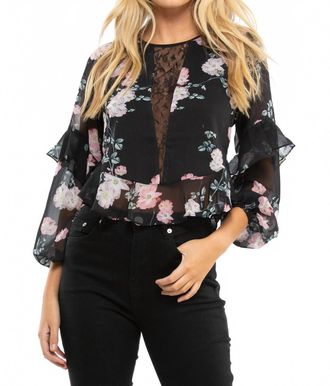 Blue Life Tomie Ruffle Hem Long Sleeve Top In Black Floral