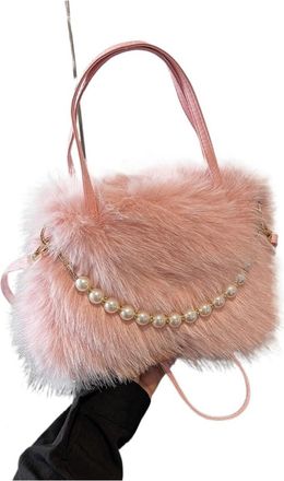 Generic Womens Plush Bags Pearl Handle Womens Plush Crossbody Bag Portable Handbag Winter Fashion Casual Shoulder(Pink)