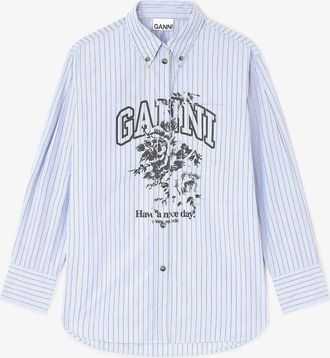 Ganni Blue Stripe Logo Shirt - Size 34 Organic Cotton
