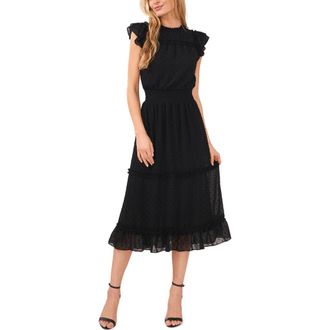 CeCe by Cynthia Steffe Clip Dot Flutter Sleeve Midi Dress in Rich Black at Nordstrom, Size X-Large
