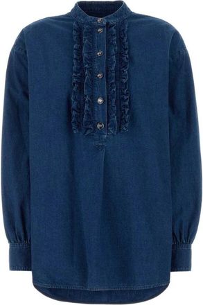 Valentino Garavani Ruffled Denim Shirt - Dames - Blouses - Blauw - S - Denim - Overhemden