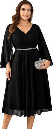 Ever-pretty Womens Plus Size Chiffon Midi Dress V-Neck Evening Gown with Flowy Sleeves for Wedding Party Black 22