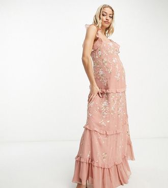 Asos Maternity ASOS DESIGN Maternity - Vestito lungo da damigella rosa con spalline sottili decorato con ricami