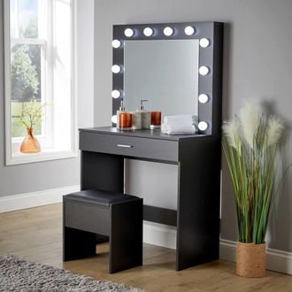 Home Source Industries Dressing Table with Stool LED Lights Mirror Makeup Vanity Desk Set in Black