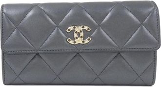 Chanel Dark Gray Leather Long Wallet (Bi-Fold) (Pre-Owned)