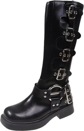 Generic Punk Woman Boots Knee High Platform Elegant Low Heel Trend Punk Gothic New Rock Leather Fashion Womens Shoes Motorcycle Footwear(Black,6.5US)