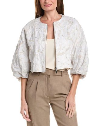 Lafayette 148 New York Short Balloon Sleeve Zip Front Silk-Blend Jacket