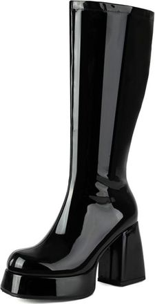 Generic Qynthra Womens Retro Platform Boots Patent Leather Knee High Block Heel Side Zip Go Go Style Stage Performance Party Nights,Black,6.5 UK