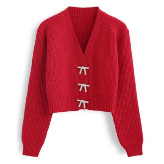 Chicwish Womens White/Red/Black/Pink/Mint Bowknot Brooch Button Up Crop Knit Cardigan, Red, L