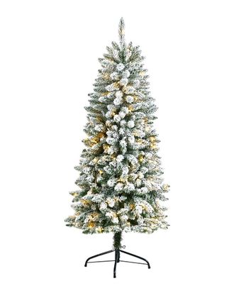 Nearly Natural Slim Flocked Montreal Fir Artificial Christmas Tree With Led Lights & Bendable Branches